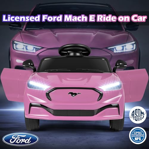 Image of Costzon Ride on Car, 12V Licensed Ford Mach E Kids Electric Vehicle with Parent Control, LED Lights, Horn, Music, Wireless Connection & Spring Suspension, Kids Car Toy for Girls Boys (Pink)