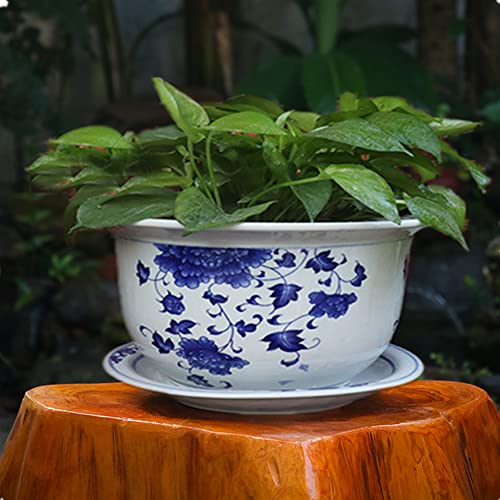 特大シノワズリ青と白の磁器植木鉢景徳鎮陶器植木鉢トレイ付き通気性花緑植物鉢植え植物、C-24cm