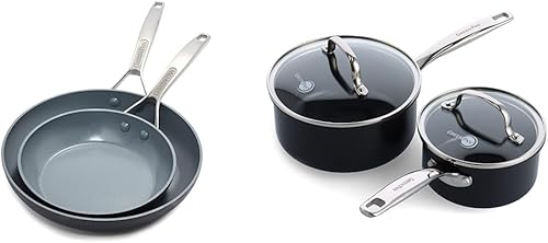GreenPan Paris Pro - Juego de sartenes antiadherentes de cerámica anodizada dura, de 8 y 10 pulgadas y cacerola Chatham Black Prime Midnight
