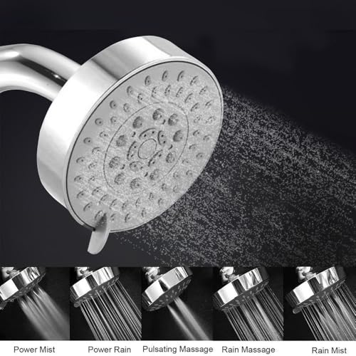 Image of HOUZA Square Shower Head for Bathroom | 4 Inch 3-Function Overhead Shower with Arm | Adjustable Bathroom Shower with Even Water Flow & Rust Resistant | Anti-Clog Silicone Nozzles for Wall Mounting