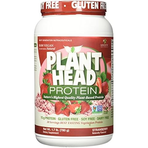 Genceutic Naturals Plant Head Protein Naturally Flavored Best Tasting Strawberry Raw Vegan Vegetarian Protein Dietary Supplement Gluten Soy Dairy GMO Free – 30 Servings (1.8 Pounds) Cover