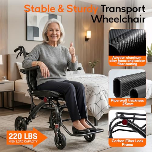 Image of SOFTFISH Transport Wheelchair with Ergonomic Seat & Pull Rod, 1s Foot-fold Wheelchairs for Adults with Foldable Armrest & Footrest, Carbon Fiber Aluminum Frame Travel Transport Chair for Seniors
