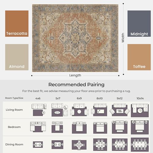 Image of 8x10 Terracotta Rust Earth Tone Vintage Boho Oriental Washable Area Rug