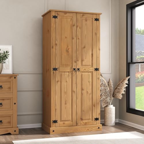 Corona 2 Door Wardrobe with Hanging Rail and Shelf Mexican Solid Pine with Wax Finish and Black Metal Hardware (W) 80cm (D) 50cm (H) 175cm