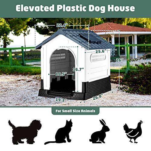 Large Plastic Dog House Outdoor Indoor, Durable Dog House Small Medium Large Dogs, Waterproof Dog Houses with Elevated Floor and Air Vents,Urinal Plates& Easy Clean and Assemble (Grey, 27inch)…
