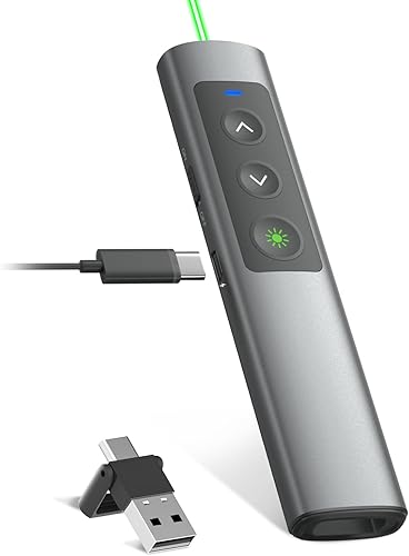 Clicker de presentación recargable láser verde Rango de luz 656FTPresentación Rango de control inalámbrico remoto 164 pies, 2 en 1 Tipo-CUSB Dongle