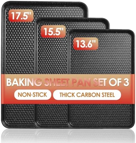 Baking Sheet Pan Set of 3, Nonstick Carbon Steel Cookie Sheets with Texture, Commercial Half/Quarter/Jelly Roll Pans Replacement Toaster Oven Tray, Heavy Duty & Easy Clean, Black - Thumbnail 2