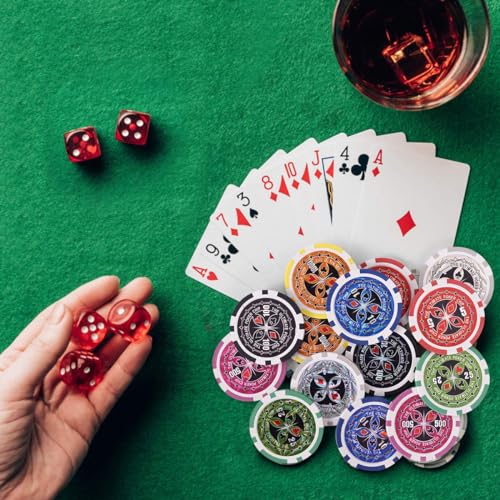 RELAX4LIFE Pokerset Pokerkoffer mit 300 Poker Chips, 2 Kartendecks, Händler & 5 Würfel, Kartenspiel für Partys & Picknick & Ausflug, Ink. abschließbares Poker Koffer aus Alu (Schwarz) – Bild 4