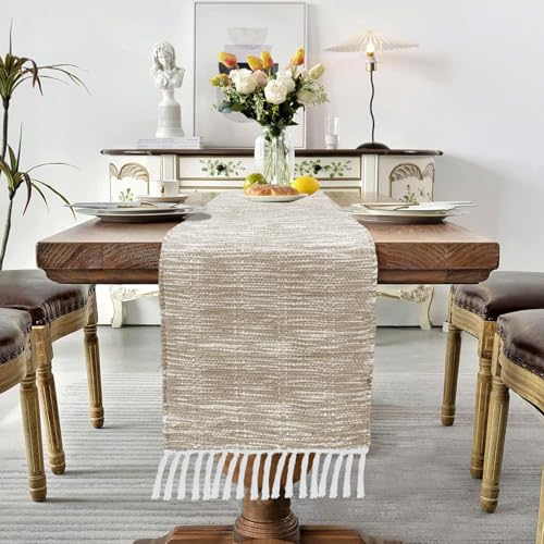 Image of Luxe Home Elegant Beige and White Woven Table Runner with Tassels - Mix Cotton Jute 13 x 74 Inch, Textured - Perfect for Dining Table, Center Table, Decor