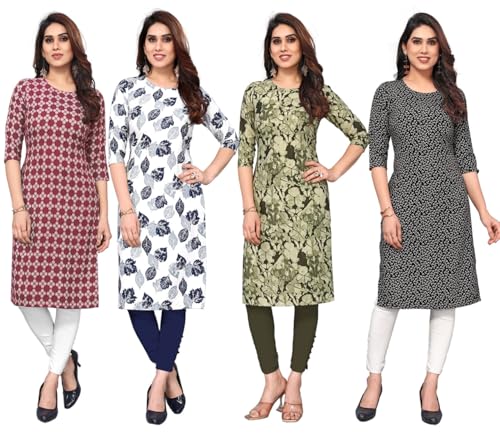 Image of JAKHANA Women's Crepe Printed Casual Straight Calf Length Round Nick Kurta Pack of 4