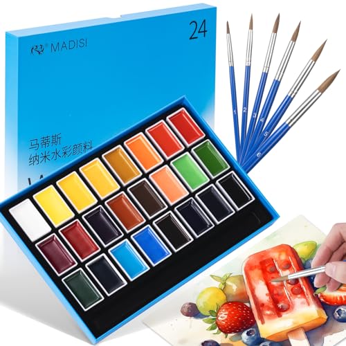 LIGHTWISH Aquarellfarben-Set, 24 volle Pfannen mit 6 Stück Aquarellpinsel,...
