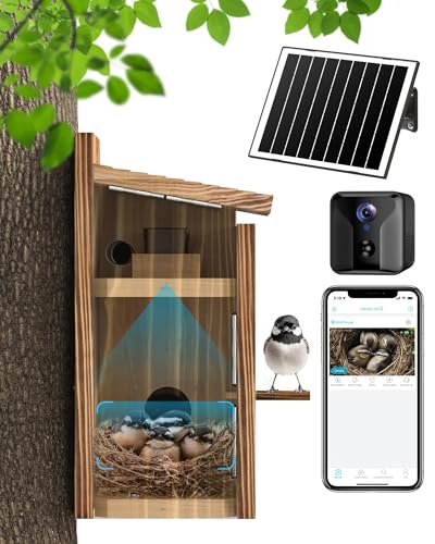 Bird House with Camera Solar Powered,Wi-Fi Bird Watching, Auto Detect&Notify, Night Vision, APP Control, Birdhouse for Birds Nesting, Wooden Birdhouse with Camera Inside (Solar-Powered)