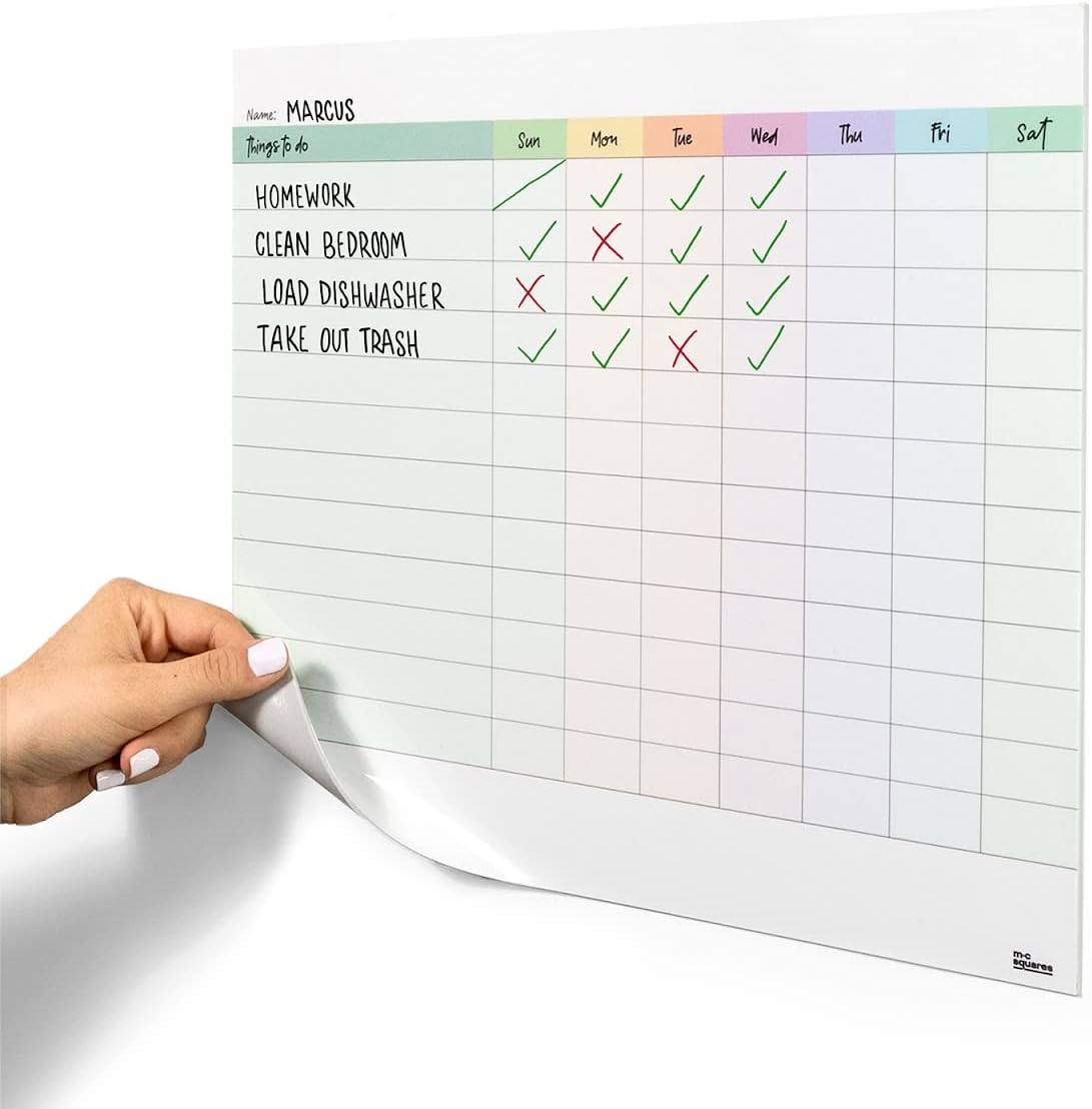 M.C. Squares Dry Erase Chore, Task, Habit Chart | Erasable White Board Cling to Stainless Steel Fridge, Mirror, Cabinets | Home, Office, School | with Wet Erase Marker | 13.5” x 12” | USA Made