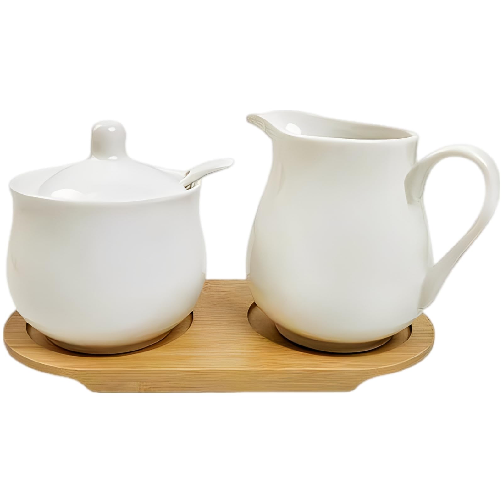 3 STK. Zucker- und Sahne-Set für die Kaffeebar, mit Zuckerdose, Milchkännchen und Holztablett, Keramik-Set mit rundem Korpus, 550 g, für Zuhause, Restaurant, Kaffee und Tee, kompaktes Design