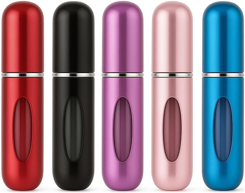 Kit 5 Frascos Porta Perfume Recarregáveis Spray de Bolso 5ml – Mini Atomizador Portátil para Viagem, Bolsa ou Necessaire – Cores Sortidas Premium