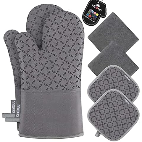 KEGOUU Oven Mitts and Pot Holders 6pcs Set, Kitchen Oven Glove High Heat Resistant 500 Degree Extra Long Oven Mitts and Potholder with Non-Slip Silicone Surface for Cooking (Grey) Cover
