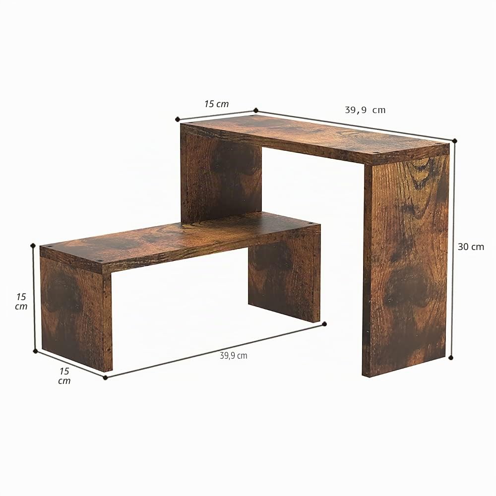 VEDECASA 2 estantes de especias apilables y ampliables de esquina para encimera de cocina y despensa, organizador de estilo rústico en madera marrón para almacenamiento en escritorio