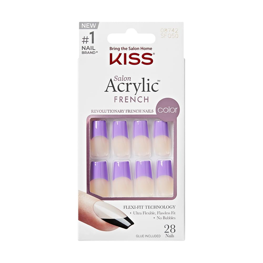 KISS Acrylic French False Nails Kit, Long Square Shape Design Nail, Purple Color French Tip Nails, Ready to Wear Gel & Manicure Stick included,
