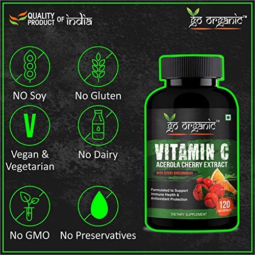 Image of Go Organic Vitamin C with Organic Acerola Cherry and Natural Citrus Bioflavonoids - Whole Food Vegan Supplement - 500 mg - Time Release - Non-GMO - 120 Capsules (Pack of 2)