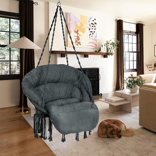 Image of Hammock Chair with Cushion, Handmade Macrame Swing Chair with Hanging Hardware Kits, Bohemian Style Cotton Rope Hanging Chair for Bedroom Indoor Outdoor, Dark Grey