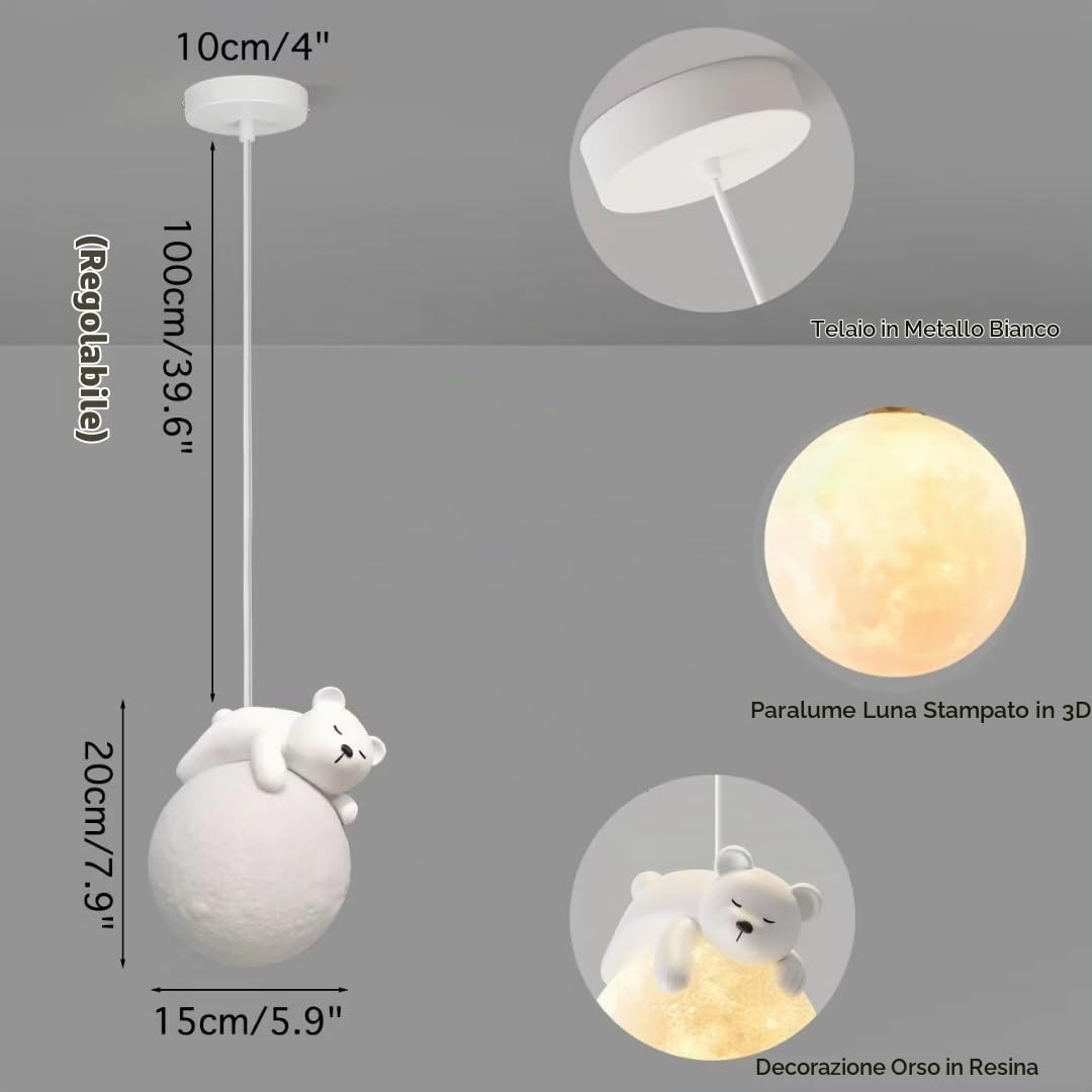 Lampada a sospensione Sleeping Bear Moon Lampada a sospensione 3D Moon Lampada da comodino Lampada da soffitto Creative Moon Lampadario decorativo per camera da letto, cameretta dei bambini