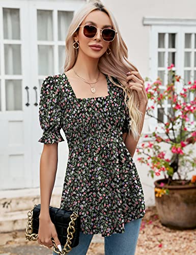 Lomon Womens Tunics Short Lantern Sleeve Smocked Peplum Top Square Neck Tops Empire Waist Peasant Blouses, L #TOP2