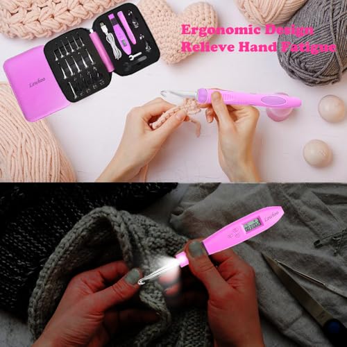 Image of Lewhoo 18 Size Counting Light Up Crochet Hook,Digital Crochet Hooks with Stitch Counter,Lighted Metal Crochet Needle with Case