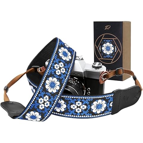 Padwa Lifestyle Camera Strap - 2" Cowhide Leather Head Cotton Camera Straps for Photographers,Vintage Jacquard Embroidery Adjustable Neck & Shoulder Strap for ALL DSLR/SLR Cameras (Blue Flower) Cover
