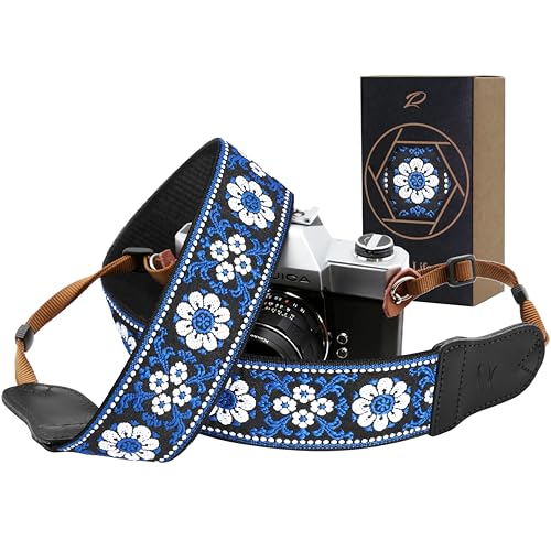 Padwa Lifestyle Sangle pour appareil photo - 5,1 cm - En cuir de vache - En coton - Broderie jacquard vintage - Sangle réglable au cou et à l'épaule - Pour...