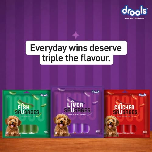 Image of Drools Adult & Puppy Sausage for Dog, 450g | Liver Flavour | High Protein | Treat & Food Topper | Grain Free | Best for Training & Bonding | No Preservatives