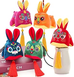 Auniq 5Pcs Rabbit Mascot Dolls Stuffed Bunny Toys 2023 Rabbit Year Mascot Decoration Chinese New Year Zodiac Animal Toy Doll Keychain Lucky Pendant for Spring Festival Ornaments New Year Gift