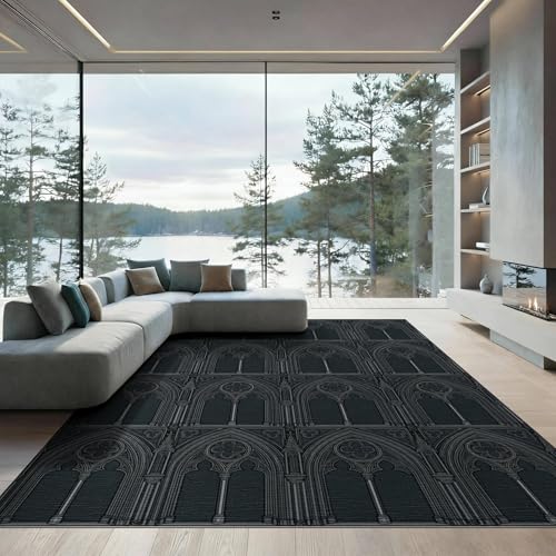 ODIKA 9'x12' Washable Gothic Geometric Area Rug, Dark Gray Foldable Oversized Carpet for Great Room, Indoor Open Concept, Large Living Room, Low Profile Flatwoven Floor Covering | Ref:2053666