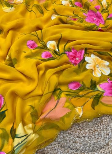 Image of Arkia Women's Floral Hand Embroidered Hand Painted Saree with Blouse Piece
