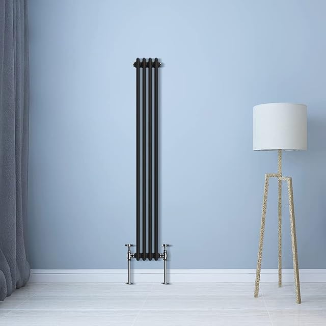 NRG Cast Iron Style Radiator Black Traditional Vertical 2 Column Central Heating Radiators 1500 x 200mm with Angled Pair of Valves