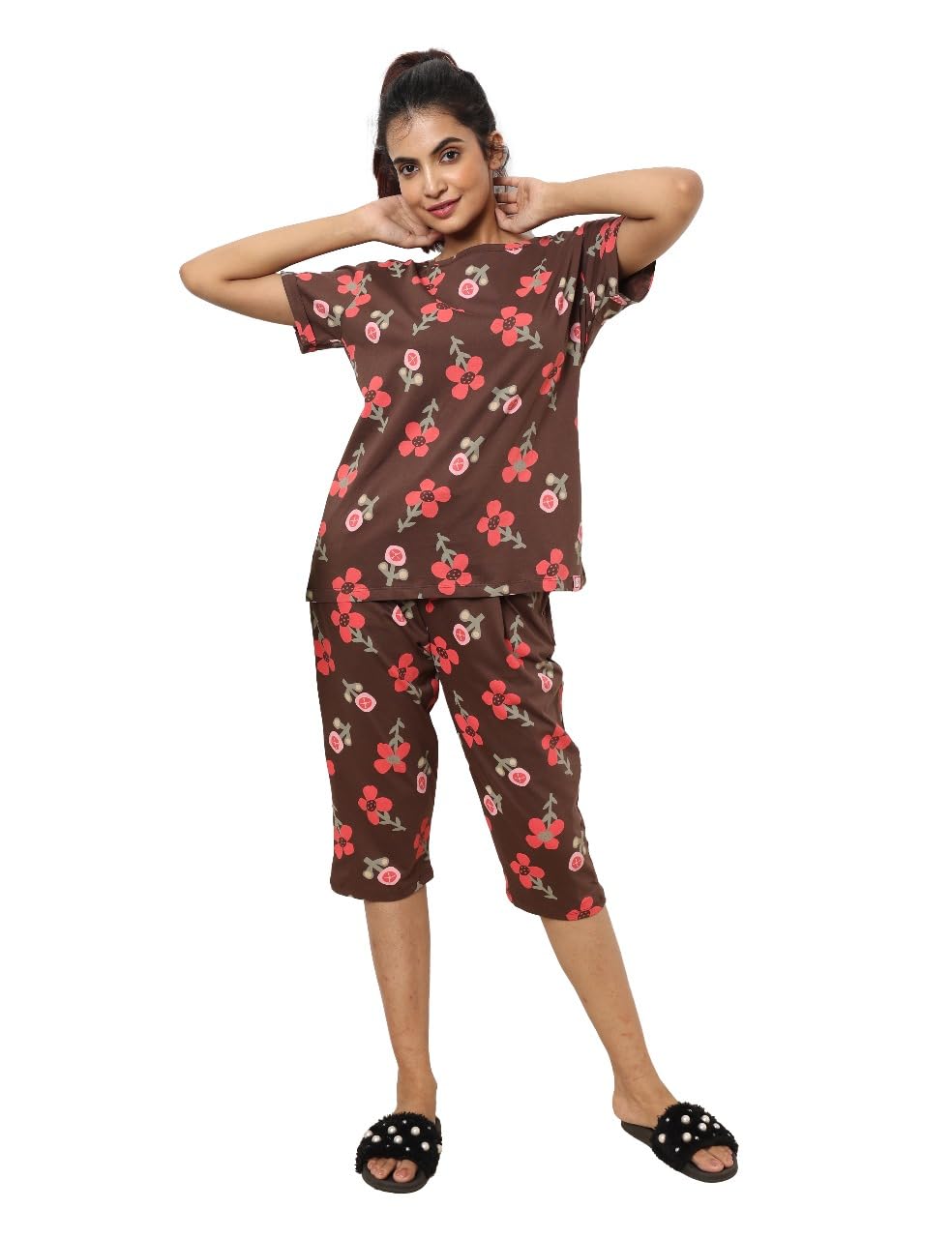 Women's Cotton Bedtime Capri Set | Nightsuit Set | Round Neck Top & 3/4th Length Pyjamas | Comfortable Lounge Wear/Nightdress-image-25