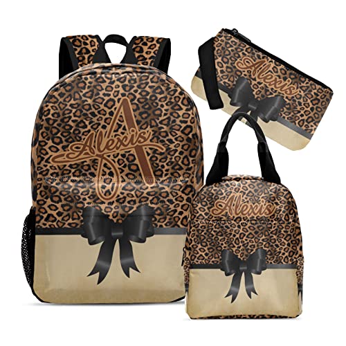 Customized Leopard Print Brown Bow Backpacks Set with Name Multifunctional Series Pack 1Casual Pack +1Lunch Handbag +1Pencil Case