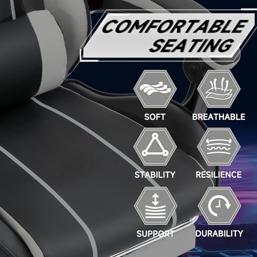Image of Gaming Chair with Headrest and Lumbar Support, High Back Computer Office Desk Chair with Footrest, 360 Swivel Height Adjustable Recliner Game Chair (Gray Black)