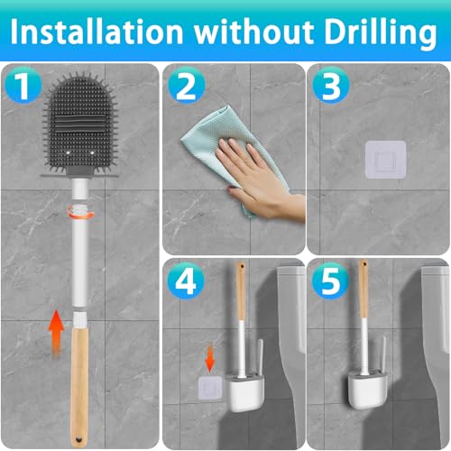 Image of Toilet Brush and Holder-Flexible Toilet Bowl Brush Head with Silicone Bristles, Wall Mounted Nail-Free Installation, Multifunctional Gap Brush, Ventilation Slots Base (2 Pack, Wood)
