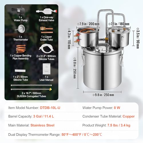 Miniatura 7 de Vevor Destilador De Alcohol, De Acero Inoxidable De 11,4 L, Con Bobina De Cobre Para Enfriamiento Rápido, Kit De Destilador De Condensador Doble Con Destilación Secundaria, Para Vino, Whisky, Brandy