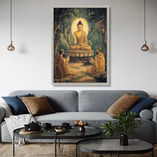 Tableau sur toile Bouddha 60x80cm avec cadre intérieur en bois pour salon zen