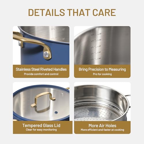 Image of CAROTE 8QT Full Clad Tri Ply Stainless Steel Stock Pot with Lid, Kitchen Stockpot Soup Pot, Outer Ceramic Layer, Even Heating, All Stoves Compatible, Oven & Dishwasher Safe, Stay Cool Handle, Blue