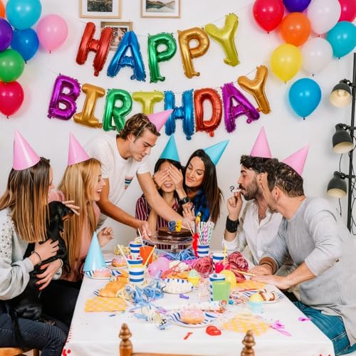 Image of Rainbow Happy Birthday Letters Balloon Banner Kit,Usable Mylar Decorations for All Genders - Men /Women Party Supplies, Vibrant Happy Birthday Sign