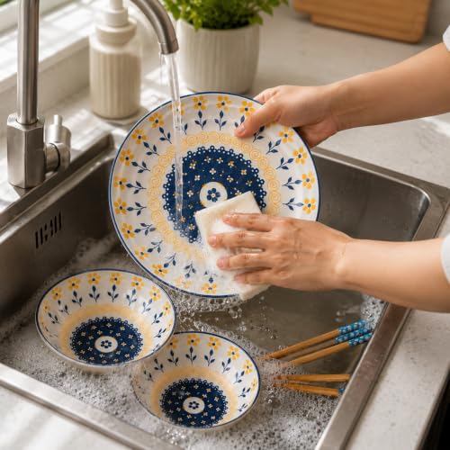Image of Ceramic Dinnerware Set, Japanese Asian Cuisine Bowls and Plates for Dinner, Rice, Soup, Dessert, Salad, Gift Box Packed Dinner Set (Multi Color, Pack of 14)