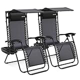 SereneLife Zero Gravity Chairs Set of 2- Adjustable Outdoor Lounge Chairs with Canopy Shade, Side Tray, Cup Holders, Removable Pillows, Folding Portable Camping Chairs for Patio, Backyard, Beach-Black