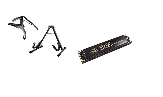 Mustang Music Combo Of Mouth Organ with 48 holes(Multi Color) And Guitar Capo+A-Frame Style Guitar Stand Black For Acoustic Electric Guitars