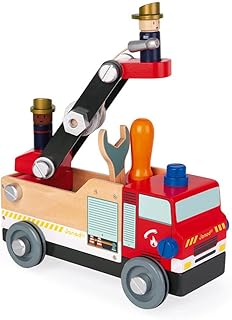Janod - Brico'Kids Wooden Fire Truck - Construction Set - with 2 Firemen - 45 Pieces, Easy to Build - Wooden Toy for Children - from 3 Years Old, J06469, Wood