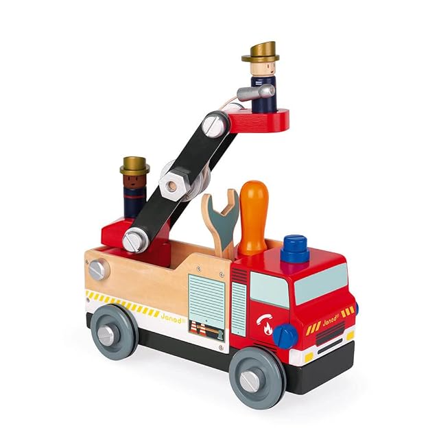 Janod - Mi Primer Juego de Construcción - Camión de Bomberos de Madera FSC - 45 Piezas - Fácil de Montar