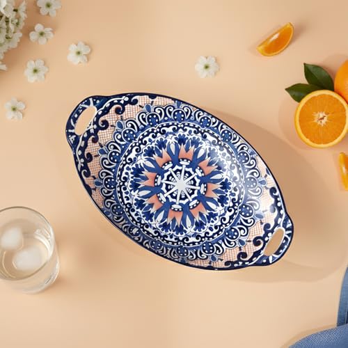 Image of Amazon Basics Ceramic Serving Platter with Handles | Blue Mandala Print Microwave & Dishwasher Safe Serveware | Ideal for Gifting, Serving Snacks, Appetizers, Salads, Starters & Noodles (10.8 Inch)