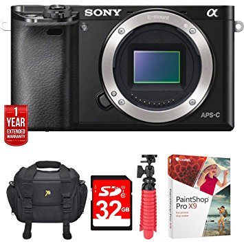 Sony ILCE6000/B Alpha a6000 24.3MP Interchangeable Lens Camera Body Bundle with 1 YR CPS Enhanced Protection Pack, 32GB Memory Card, Tripod, Paint Shop Pro, Camera Bag and Accessories (8 Items)