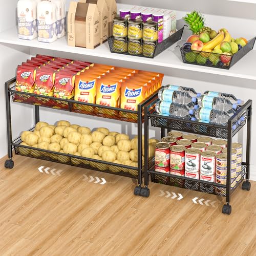 3IngSeagulls 2-Tier Expandable Rolling Pantry Floor Organizer Stackable Pantry Storage Cart with Wheels Kitchen Fruit and Vegetable Storage Rack for Onion Potato Food Snacks